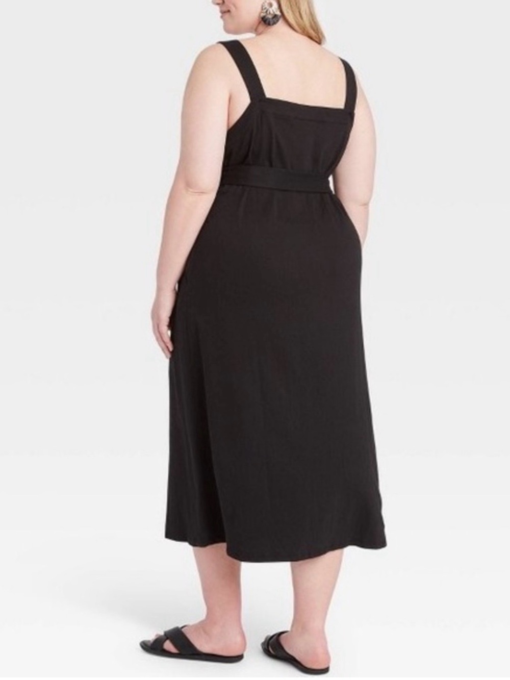 Ava & Viv Sz 3X Black Faux Button-Front Midi Dress with Tie Waist & Square Neck - Picture 3 of 12
